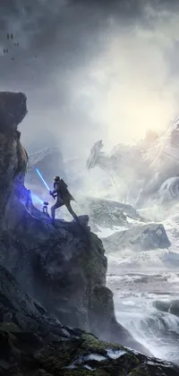 This Star Wars phone live wallpaper showcases a breathtaking concept art of two people on top of a cliff, holding a glowing lightsabre