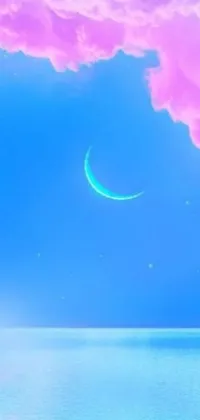 This live wallpaper for your phone features a stunning pink and blue sky background with a crescent moon in the center