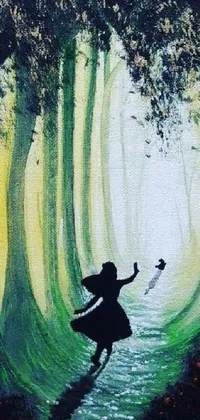 This live wallpaper captures a magical forest, with the stunning silhouette of a woman running through it