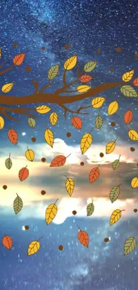 This phone live wallpaper features a charming cartoon of a couple seated on a bench under a tree set against a picturesque autumn leaves background