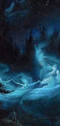 Bring your phone to life with this stunning live wallpaper featuring a breathtaking painting of two people in a body of water surrounded by ethereal blue lighting and mist