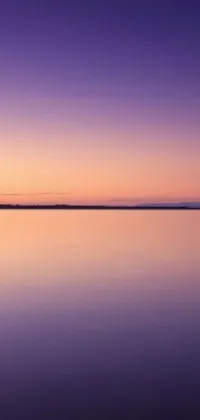 This beautiful live phone wallpaper showcases a serene, ultrawide landscape featuring a large body of water, surrounded by trees and a stunning violet and yellow sunset in the background, reflecting smoothly on the surface of the water