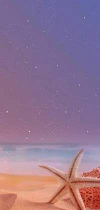This phone live wallpaper features a digital art illustration of a starfish resting atop a sandy beach, designed in soft pink lights