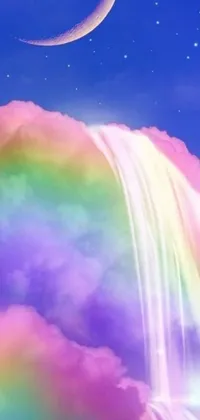 Looking for a unique and stunning live wallpaper for your phone? Look no further than this beautiful digital art display featuring a rainbow colored waterfall and crescent moon amidst fluffy pink anime clouds