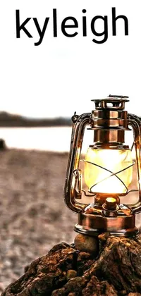 This mobile wallpaper features a stunning lantern on top of a pile of rocks with a beach setting background