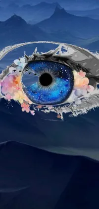 This live wallpaper showcases a stunningly surrealistic landscape with a close-up of an intricate eye at the forefront, surrounded by a mountain backdrop