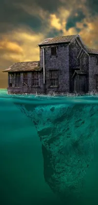 Looking for a captivating live wallpaper for your phone? This surreal and imaginative creation features a dark and foreboding house set against an endless ocean, with a menacing shark lurking in the depths