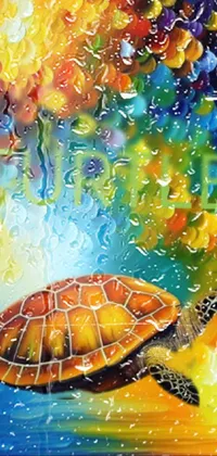 This live phone wallpaper features a vibrant and psychedelic airbrush painting of a flying turtle