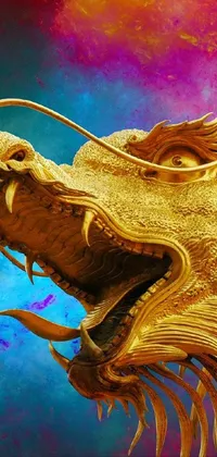 This phone live wallpaper showcases a close-up of a golden dragon statue, featured in digital art