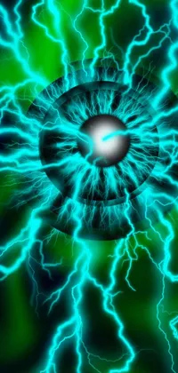 This live wallpaper features a vibrant digital rendering of a close-up blue and green lightning bolt surrounded by energy spheres and glowing mechanical eyes in a futuristic style
