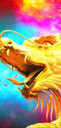 This phone live wallpaper showcases a mesmerizing digital art statue of a dragon in ornate galactic gold