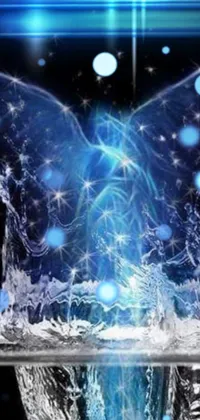 This phone live wallpaper showcases a beautifully detailed glass with water resting on a table, surrounded by a serene digital art background of glowing snow and cosmic angels depicted with winged glows
