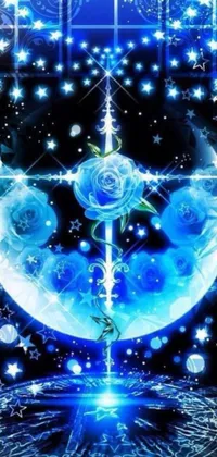 This live phone wallpaper features a serene blue rose resting on a table by a window, surrounded by a lovely digital artwork of a big moon and stars in the sky, southern cross, beautiful flowers, and crystals