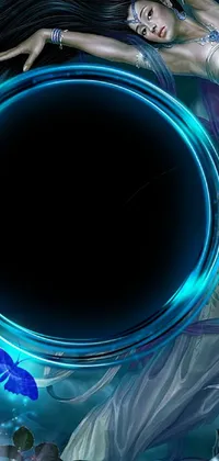 This phone live wallpaper showcases a dynamic, fantasy-themed image of a long-haired woman flying through a blue circular hologram