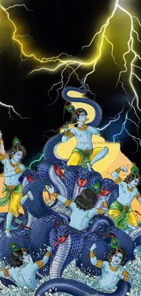 This mobile live wallpaper features a dynamic scene of a group of individuals fearlessly riding a serpent through a vivid blue and indigo storm, accented with flashes of lightning