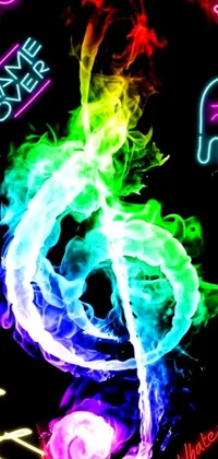 This live wallpaper for your phone features a vibrant music note made out of colorful smoke designed using digital art techniques