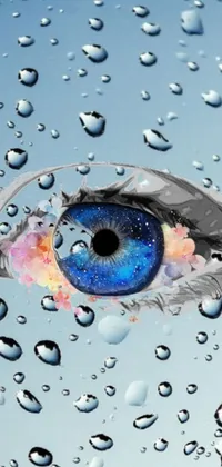 This stunning live wallpaper showcases a mesmerizing, close-up shot of a blue eye surrounded by shimmering water droplets