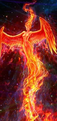 This live phone wallpaper features a breathtaking fire bird flying through a digital night sky