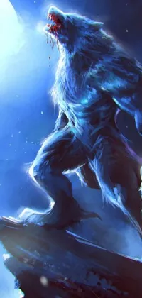 This exquisite live wallpaper depicts a majestic wolf standing on a rocky surface with a full moon in the backdrop