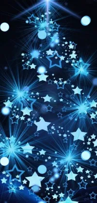 This live phone wallpaper features a beautiful digital art blue Christmas tree with stars
