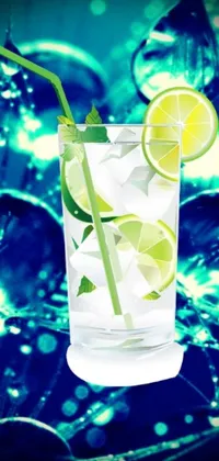 This phone live wallpaper displays a digital rendering of a glass of water, complete with lime slices and a straw
