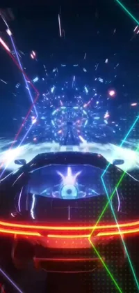 This phone live wallpaper features a futuristic car decked out in neon lights, with glowing spirits emanating from an otherworldly portal behind it