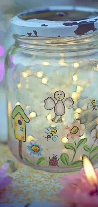 This calming phone live wallpaper features a glowing candle on a wooden table, surrounded by a child's drawing and tiny fireflies