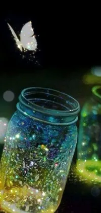 This phone live wallpaper features two vintage jars on a table with rainbow fireflies inside