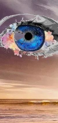 Enhance your phone's ambiance with this surreal live wallpaper featuring a close-up of an alluring eye against a breathtaking sky background