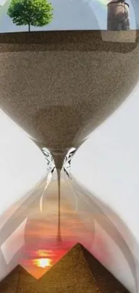 This live wallpaper features an hourglass with a tree inside, against a red sand backdrop, bathed in an evening sunset