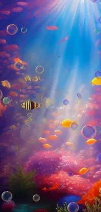 This stunning phone live wallpaper features a group of fish swimming in a tank, under a bright blue sky