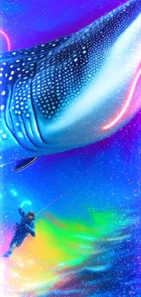 Get lost in the breathtaking scenery of this phone live wallpaper; featuring a man soaring alongside a majestic whale amidst a sea of glowing lights and psychedelic colors