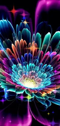 This mobile live wallpaper showcases a stunning, close-up, digital art of a colorful flower against a black background
