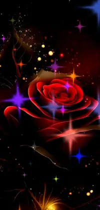 This live phone wallpaper features a stunning digital art image of a red rose on a black background