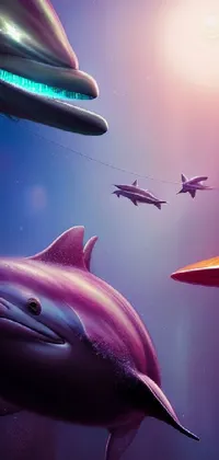 This futuristic live wallpaper features two dolphins swimming in water, set against a beautiful 4K fantasy landscape