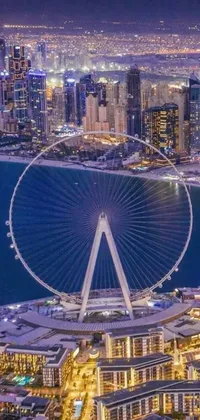 This phone live wallpaper features a breathtaking digital rendering of a majestic ferris wheel in the heart of a bustling city