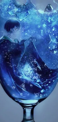 Introducing a stunning live wallpaper for your phone featuring an exquisite anime drawing that shows a woman sitting inside a clear glass filled with water