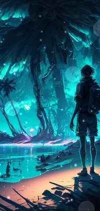 Enjoy the mesmerizing beauty of a tropical beach and palm tree with this cyberpunk-inspired live wallpaper