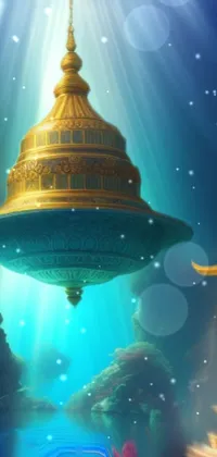 This phone live wallpaper showcases an undersea temple and golden chalice on a body of water with fish swimming around