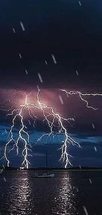 Experience the stunning power of nature with this live wallpaper featuring multiple photos of lightning striking over a body of water and colorful clouds