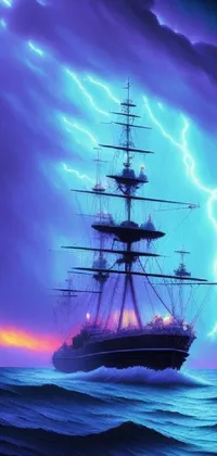 This stunning phone live wallpaper showcases a digital rendering of a ship sailing across a vast body of water