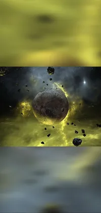 Looking for a stunning phone live wallpaper that captures the beauty of outer space? Look no further than this surreal black and yellow design, featuring a group of planets floating in the sky and a metallic asteroid standing alone in a nebula