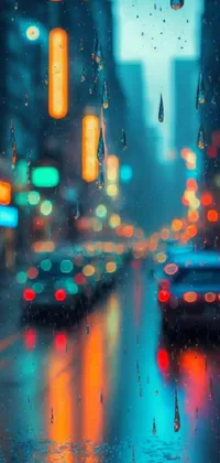 This live wallpaper for your phone features a realistic painting of a rainy city street during rush hour