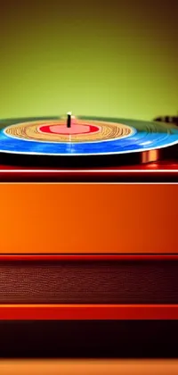 This live phone wallpaper showcases a digital rendering of a retro record player atop a turntable
