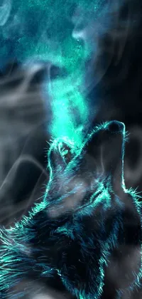 This phone live wallpaper showcases a stunning digital art of a wolf with smoke emanating from its nose