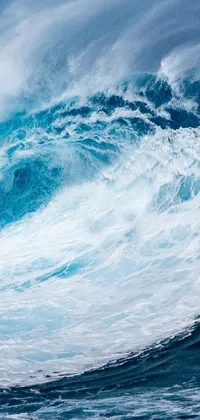 This live phone wallpaper depicts a surrealistic scene with turbulent waves crashing around a surfer riding a massive wave on his board