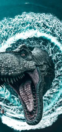 Experience the thrilling scene of a massive and realistic dinosaur standing in the middle of flowing waves in this vibrant live wallpaper
