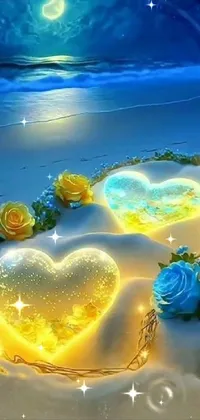 Get lost in a mesmerizing and romantic live wallpaper featuring heart-shaped objects in shades of blue and yellow resting on a sandy beach, surrounded by flowers and crystals, set against a stunning background