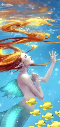 This phone live wallpaper depicts a beautiful mermaid gracefully floating in the water with her long hair flowing elegantly around her