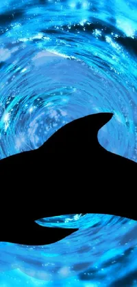 This stunning phone live wallpaper features a captivating silhouette of a dolphin set against a serene blue background with hints of a turbulent maelstrom